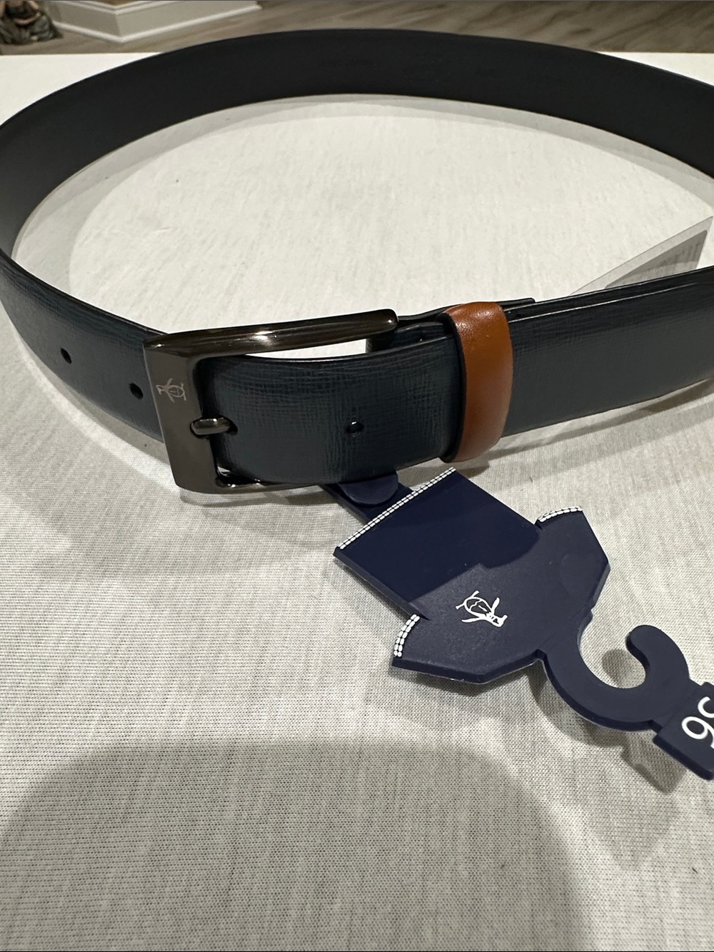 Original Penguin and Men's Navy Leather Belt with Brown Loop - Size 36, (New)